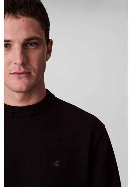 Erkek Regular Fit Monogram Nakışlı Kazak - Siyah indirimleri