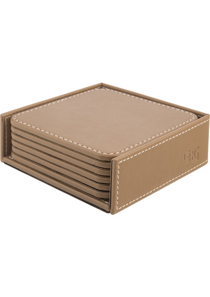 Bardak Altlığı,6’lı Set,masaüstü Kare Cup Coaster,vegan Suni DERI,11X11 Cm.,vizon