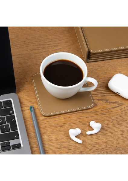 Bardak Altlığı,6’lı Set,masaüstü Kare Cup Coaster,vegan Suni DERI,11X11 Cm.,vizon