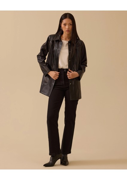 Püskül Detaylı Cepli Suni Deri Ceket-Siyah fiyatları