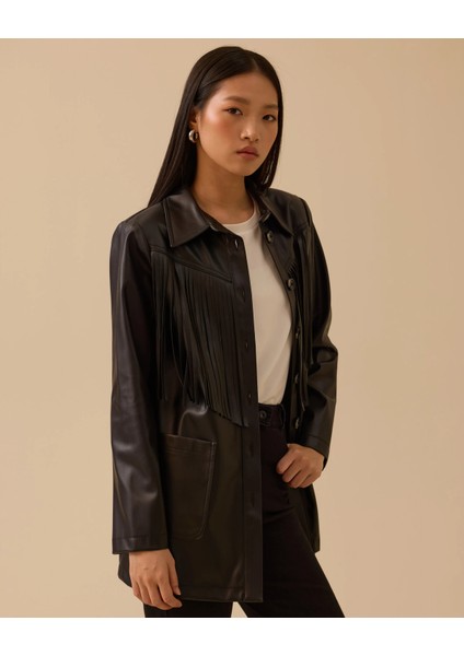 Püskül Detaylı Cepli Suni Deri Ceket-Siyah modelleri