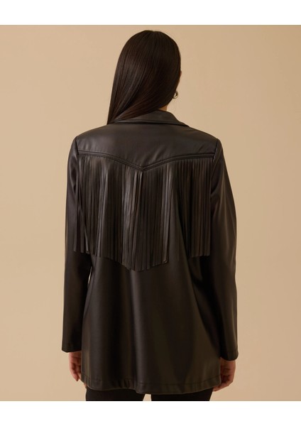 Püskül Detaylı Cepli Suni Deri Ceket-Siyah