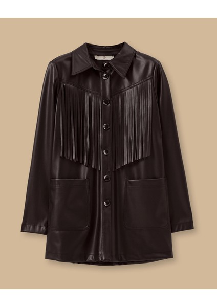 Püskül Detaylı Cepli Suni Deri Ceket-Siyah