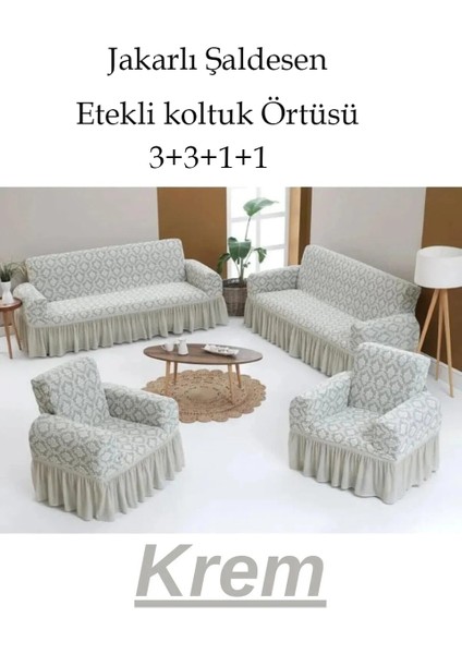 Jakarlı Şal Desen Koltuk, Kanepe, Çekyat Örtüsü, Likralı, Etekli, Koltuk Kılıfı 3+3+1+1 Takım