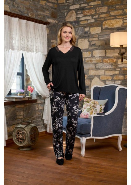 Kadın Siyah Uzun Kollu Pijama Takımı 26288