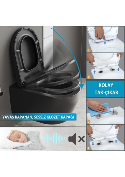 Cocon 2.0 Kanalsız Asma Klozet 49 cm – Metal Menteşeli, Yavaş Kapanır Tak-Çıkar Kapak Dahil, 2 Parça Set, Mat Siyah fırsatları
