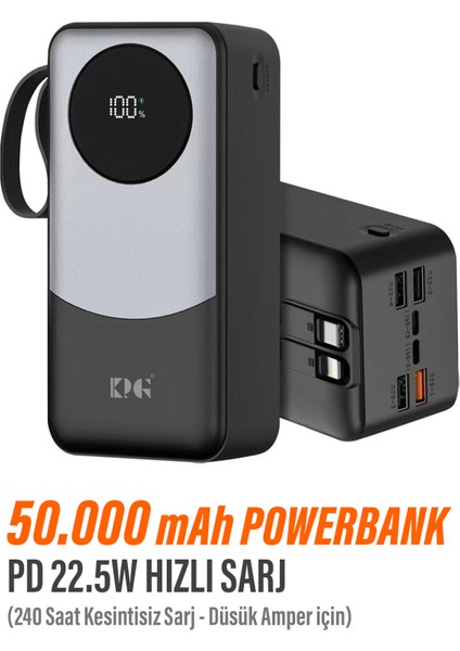 50.000 Mah Hızlı Şarj 22.5W Powerbank 4xusb 2xtype-C Kendinden Kablolu Powerbank Dijital Göstergeli