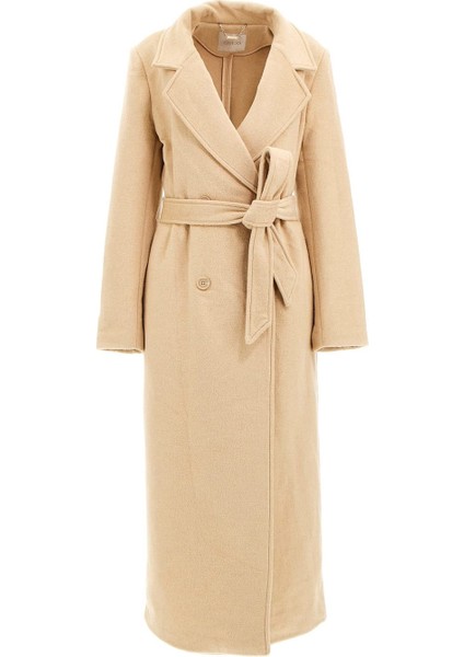 Kadın Lorenza Kuşaklı Kruvaze Yaka Uzun Kaban - Bej