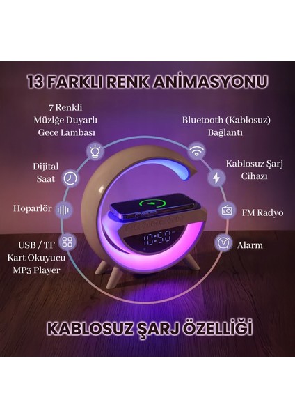 Kablosuz Şarjlı Rgb Işıklı Dijital Saatli Fm Radyo Bluetooth Hoparlör modelleri