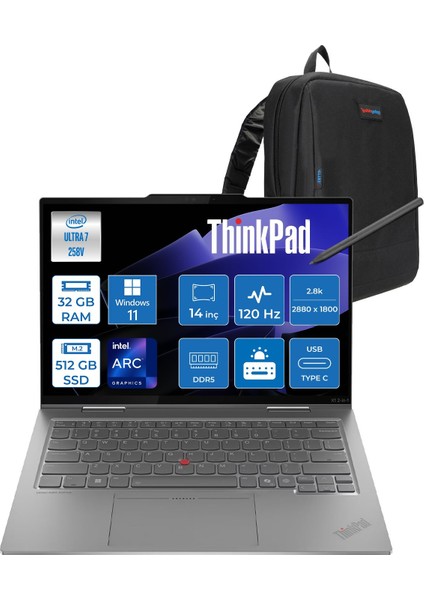 Thinkpad X1 2-In-1 GEN10 Aura Edition Intel Core Ultra 7 258V 32GB 512GB SSD Windows 11 Pro 4g(Esım) 14'' 2.8k (2880X1800) OLED 500NITS Dokunmatik X21NU0023TX02+ Yoga Kalem + Zetta Çanta