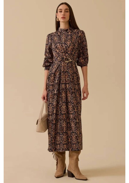 Kadın Desenli Zincir Detaylı Jakar Elbise - Camel