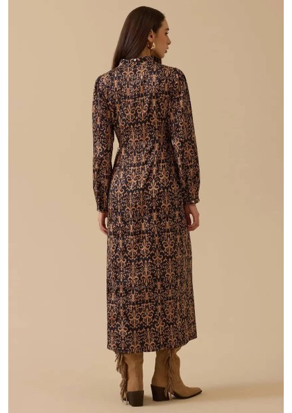 Kadın Desenli Zincir Detaylı Jakar Elbise - Camel fiyatları