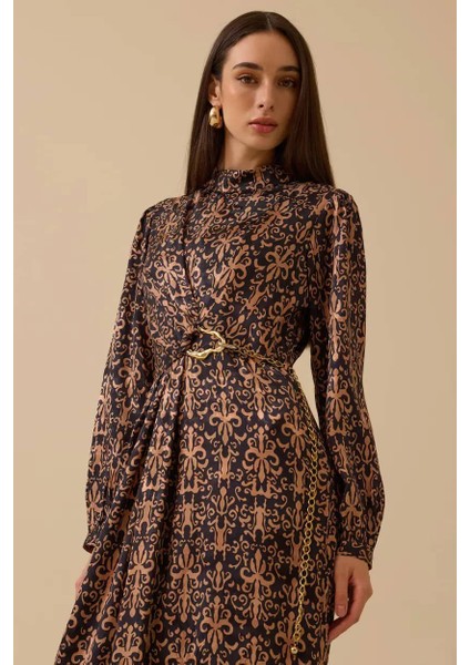 Kadın Desenli Zincir Detaylı Jakar Elbise - Camel modelleri