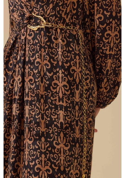 Kadın Desenli Zincir Detaylı Jakar Elbise - Camel fırsatları