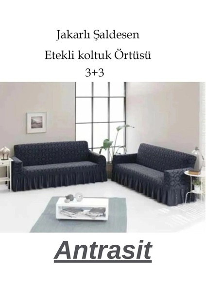 Şal Desen Jakarlı Koltuk, Kanepe, Çekyat Örtüsü, Likralı, Etekli, Koltuk Kılıfı 3+3 (Iki Adet)