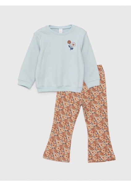 Lcw Baby Mavi Bisiklet Yaka Uzun Kollu Kız Bebek Sweatshirt ve Tayt 2'li Takım