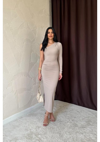 Bej Büzgü Detaylı Tek Omuz Elbise fiyatları