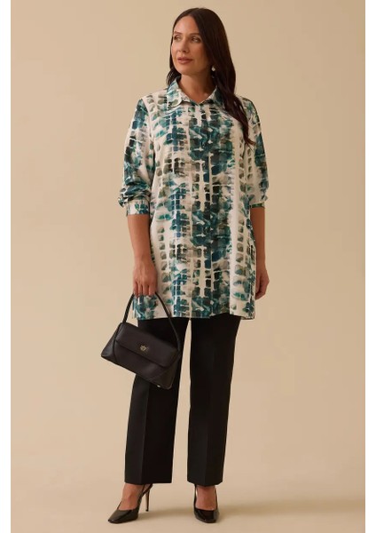 Kadın Büyük Beden Gömlek Yaka Desenli Tunik - Yeşil