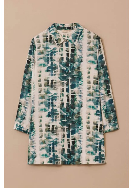 Kadın Büyük Beden Gömlek Yaka Desenli Tunik - Yeşil fırsatları