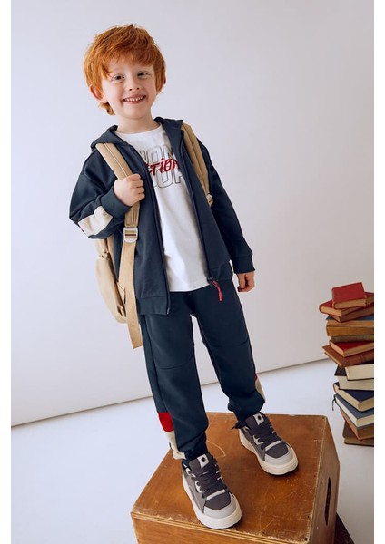 Erkek Çocuk Normal Kalıp Renk Bloklu 3'lü Eşofman Takımı - Lacivert indirimleri