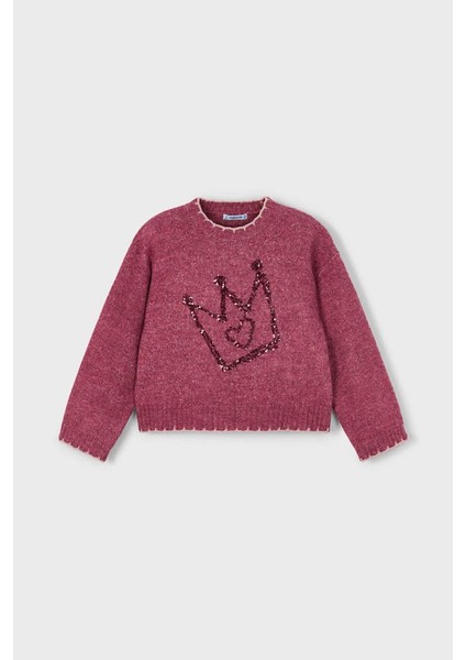 Kız Çocuk Payetli Taç Işlemeli Triko Kazak - Vişne