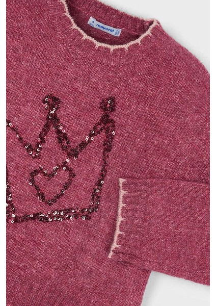 Kız Çocuk Payetli Taç Işlemeli Triko Kazak - Vişne modelleri