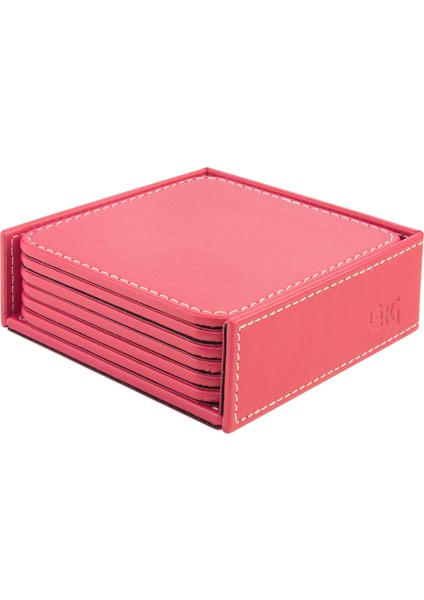 Bardak Altlığı,6’lı Set,masaüstü Kare Cup Coaster,vegan Suni DERI,11X11 Cm.,fuşya