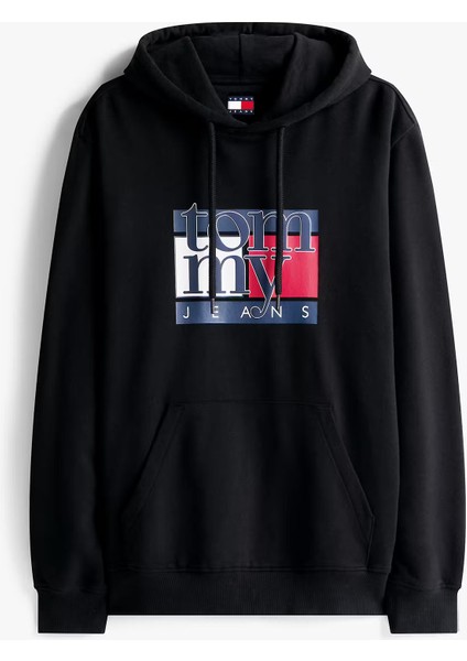 Erkek Logo Baskılı Kapüşonlu Sweatshirt – Siyah