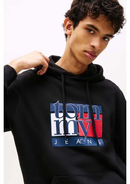 Erkek Logo Baskılı Kapüşonlu Sweatshirt – Siyah fırsatları