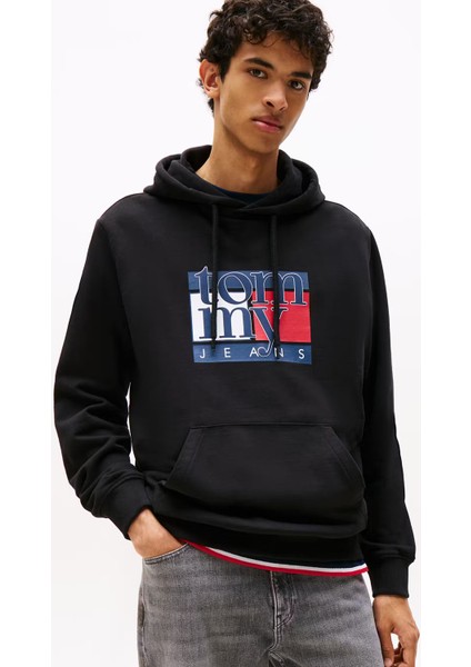 Erkek Logo Baskılı Kapüşonlu Sweatshirt – Siyah indirimleri