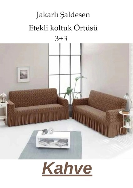 Şal Desen Jakarlı Koltuk, Kanepe, Çekyat Örtüsü, Likralı, Etekli, Koltuk Kılıfı 3+3 (Iki Adet)