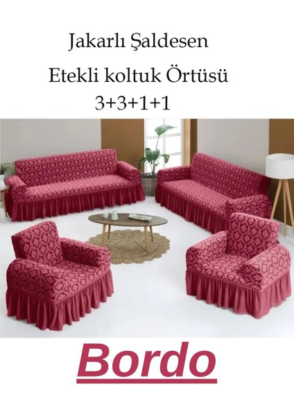Jakarlı Şal Desen Koltuk, Kanepe, Çekyat Örtüsü, Likralı, Etekli, Koltuk Kılıfı 3+3+1+1 Takım