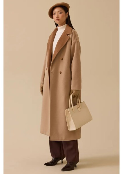 Kadın Düğmeli Kruvaze Kaşa Kaban - Bej