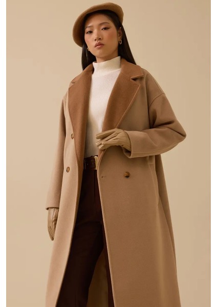 Kadın Düğmeli Kruvaze Kaşa Kaban - Bej modelleri