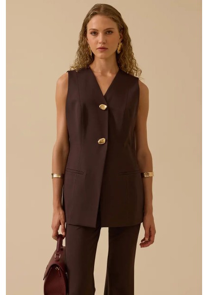 Kadın V Yaka Gold Düğme Detaylı Yelek - Kahverengi
