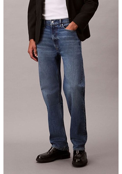 Erkek Düz Kesim Pamuklu 5 Cepli Jean Pantolon - Mavi