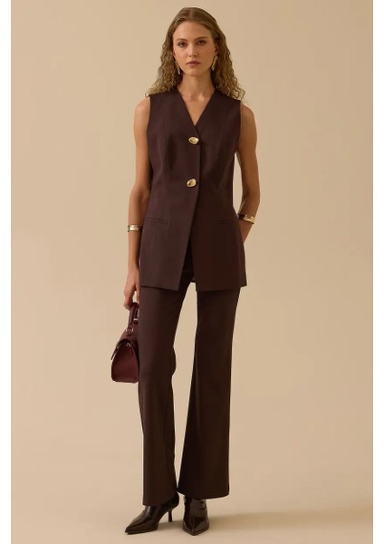 Kadın V Yaka Gold Düğme Detaylı Yelek - Kahverengi modelleri