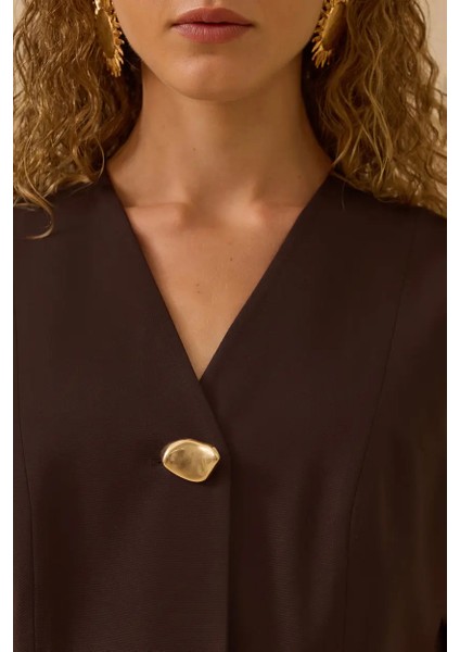 Kadın V Yaka Gold Düğme Detaylı Yelek - Kahverengi fırsatları