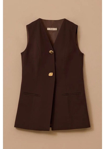 Kadın V Yaka Gold Düğme Detaylı Yelek - Kahverengi indirimleri