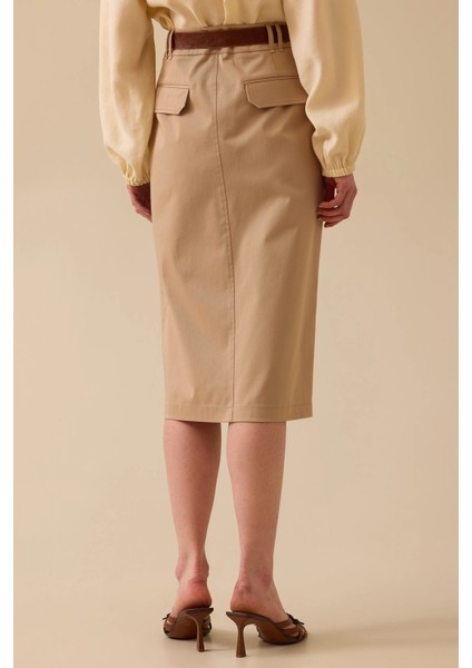 Kadın Yırtmaç Detaylı Cepli Etek - Camel fiyatları