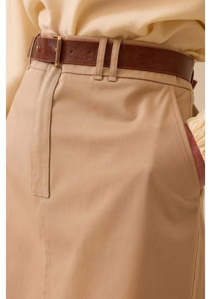 Kadın Yırtmaç Detaylı Cepli Etek - Camel modelleri