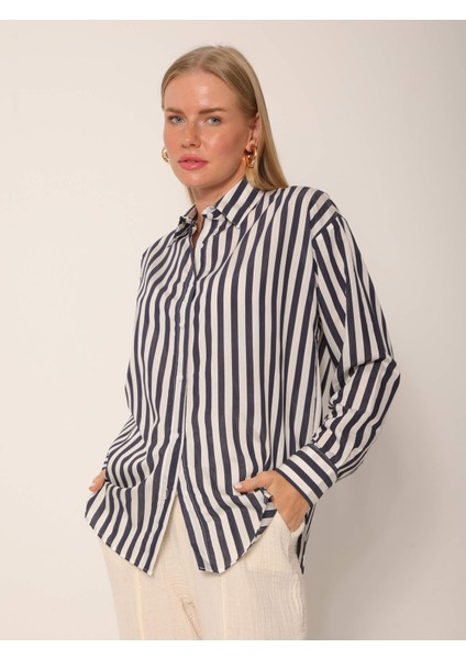 Kadın Oversize Elvan Kumaş Kalın Çizgili Beyaz Viskoz Gömlek modelleri