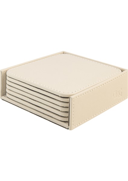 Bardak Altlığı,6’lı Set,masaüstü Kare Cup Coaster,vegan Suni DERI,11X11 Cm.,bej