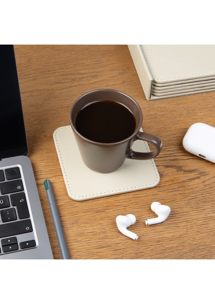 Bardak Altlığı,6’lı Set,masaüstü Kare Cup Coaster,vegan Suni DERI,11X11 Cm.,bej
