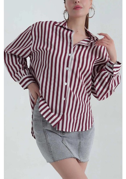 Kadın Oversize Elvan Kumaş Kalın Çizgili Beyaz Viskoz Gömlek fiyatları