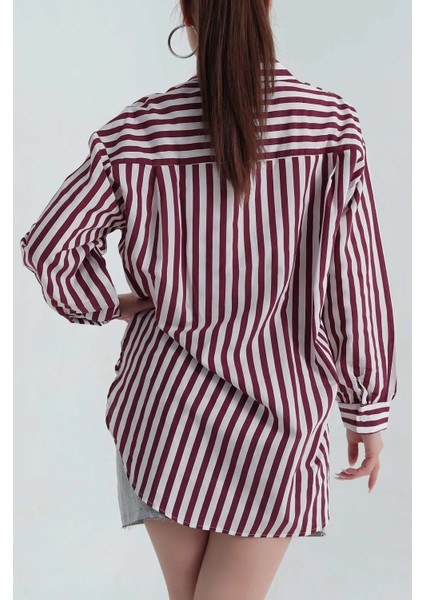 Kadın Oversize Elvan Kumaş Kalın Çizgili Beyaz Viskoz Gömlek modelleri