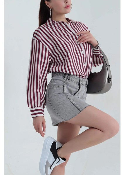 Kadın Oversize Elvan Kumaş Kalın Çizgili Beyaz Viskoz Gömlek fırsatları