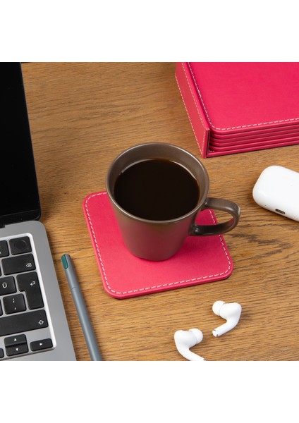 Bardak Altlığı,6’lı Set,masaüstü Kare Cup Coaster,vegan Suni DERI,11X11 Cm.,fuşya