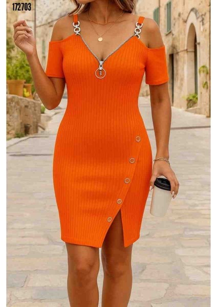 Kadın Askılı Önü Fermuarlı Asimetrik Kesim Detaylı Kalın Fitilli Kaşkorse Elbise,