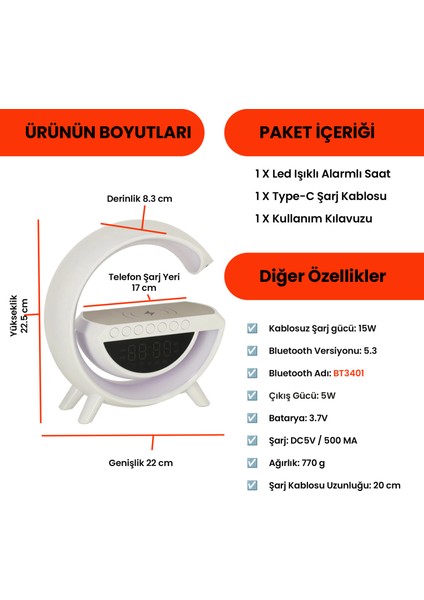 Kablosuz Şarjlı Rgb Işıklı Dijital Saatli Fm Radyo Bluetooth Hoparlör